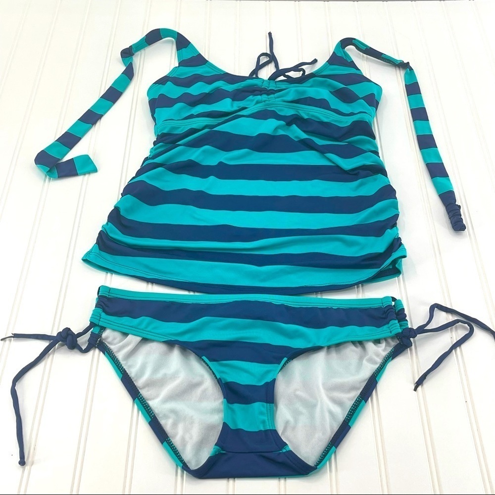 A Pea in the Pod Teal and Navy Striped Maternity Tankini